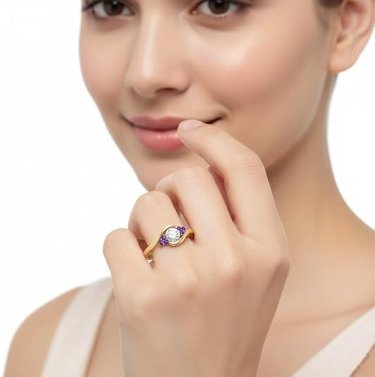 Image of 55Carat 18K Yellow Gold Plated Simulated Diamond Amethyst Round Cut Swirl Cluster Engagement Ring for Women, Wedding Anniversary Promise Fashion Jewelry Gifts, US Size 4-12.