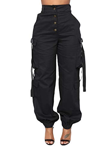 Joyfunear Women's Casual Buttons Down Cargo Pants Trousers with Pockets Black X-Large
