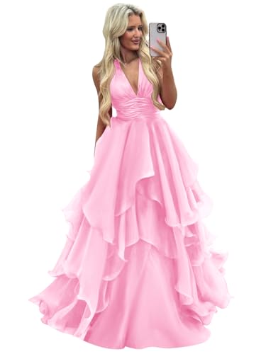 Women's Tiered Puffy Tulle Prom Dresses 2025 Pleated Backless Ruffle Halter Princess Ball Gown4