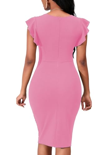 Image of PerZeal Women's 2026 Flutter Sleeve Bodycon Midi Dress Sexy Crew Neck Knit Ruffle Wear to Work Cocktail Party Pencil Dresses
