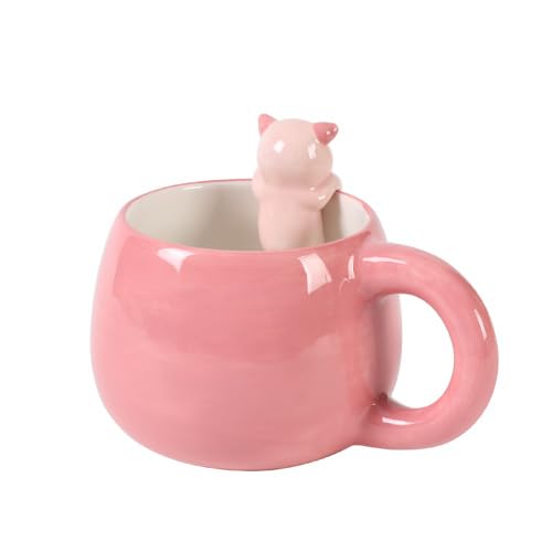 I-TOTAL® - Ceramic Mug with Ceramic Animal on the Edge, Tea or Coffee Mug 450 ml (Piggy), Pink, 350 milliliters - Image 2