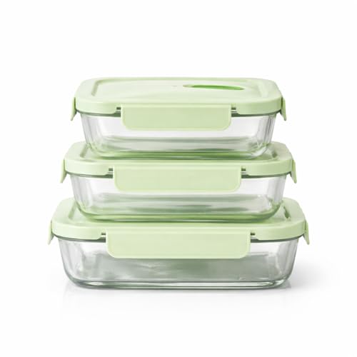 Image of Kitchne Star Fresh Lock Trio Glass Container Set of 3, Airtight Leak-Proof Stackable Lunch Box with Locking Lids, BPA-Free, for Office Travel and Meal Prep
