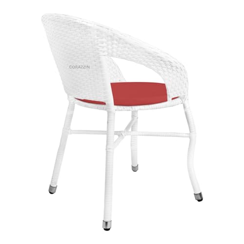 Image of Rattan Wicker Garden Patio Seating Chair and Table Set for Outdoor Balcony Garden Coffee Table Set Furniture with 1 Table and 2 Chair with Red Cushion (White)