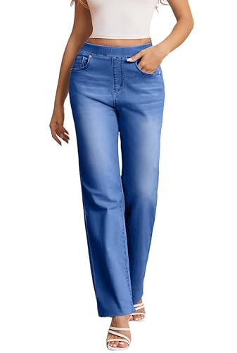 Elastic Waist Jeans for Women High Waisted Raw Hem Straight Leg Cropped Elastic Trendy Women Jeans