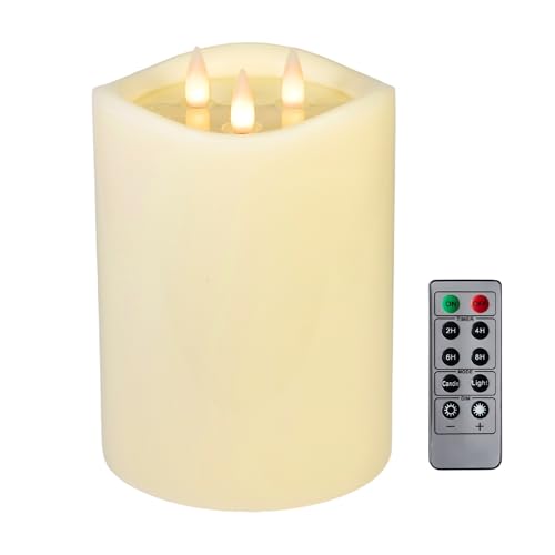 Image of 3-Wick Flameless Pillar Candle with Remote Timer, 3D Moving Flame Real Wax Led Candles (Ivory with Melty-Look Art Water, 6.5in)