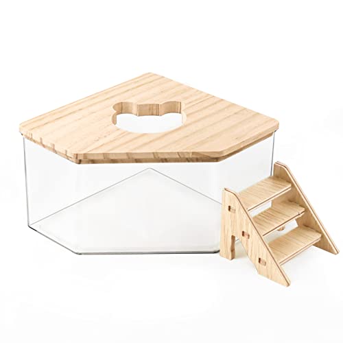 Haohai Hamster Sandbad, Pentagon Hamster Sandbad Behälter mit Kletterleiter, Groß Acryl Hamster Grabbox mit Holzabdeckung, Sandbad für Hamster Kleintiere
