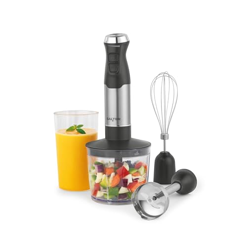 Salter 3-In-1 Blender – Whisk, Blend, Chop & Store, Includes Stainless Steel Whisk & Blender Attachment, 500ml Chopping Bowl, 700ml Storage Beaker With Lid, Variable Speed Settings, Black, Silver