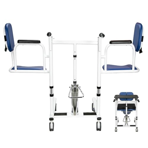 mindmed Patient Lift Transfer Chair for Home Care, Hydraulic Height Adjustable Commode & Transfer Chair, 440 lb Capacity, 180° Split Seat, Tray Included, Indoor Mobility Aid for Elderly Seniors