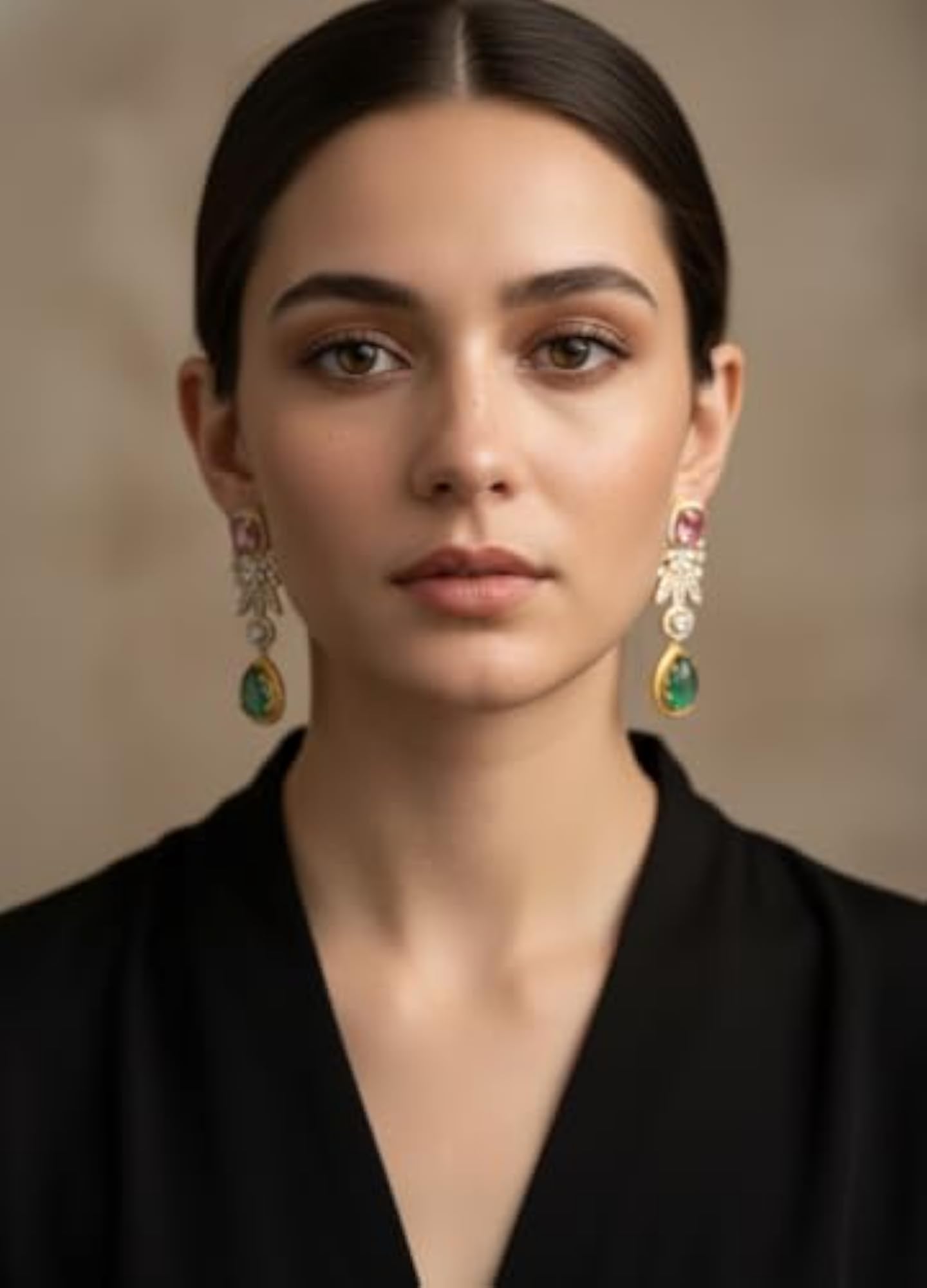 Women's Gold-Plated Designer Drop Earrings with Pink & Green Stones