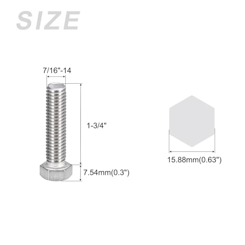 Image of METALLIXITY Hex Head Bolts (7 /16-14 x 1-3 /4 inch) 10Pcs, 304 Stainless Steel 18-8, Fully Threaded, External Hex Drive, Plain Finish, Hex Head Screw Bolt, Silver