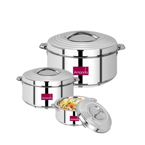 Image of Amanda Stainless Steel Casserole Set of 3-2000ML, 3000ML, 4000ML | Hot Pot for Roti, Sabji & Biryani | Durable & Rust-Free | Ideal for Daily Use & Gifting