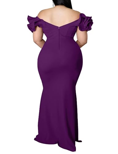 Image of Ekaliy Women's Plus Size Maxi Dress Elegant V-Neck Ruffle Sleeves Bodycon Mermaid Evening Gown