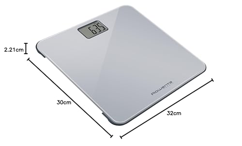 Rowenta Premio BS1220 - Báscula Baño con Pantalla LCD, Dígitos Grandes, Compacta, Capacidad de 160 kg, Plataforma de Vidrio, Apagado Automático e Incluye Pilas, color gris