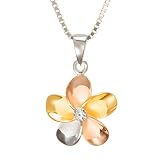 Aloha Jewelry Company 14k Gold Plated Tri-Color Sterling Silver Plumeria CZ Necklace Pendant with 18
