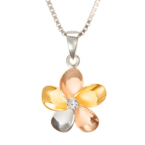Aloha Jewelry Company 14K Gold Plated Tri-Color Sterling Silver Plumeria Cz Necklace Pendant With 18" Box Chain #TOP4
