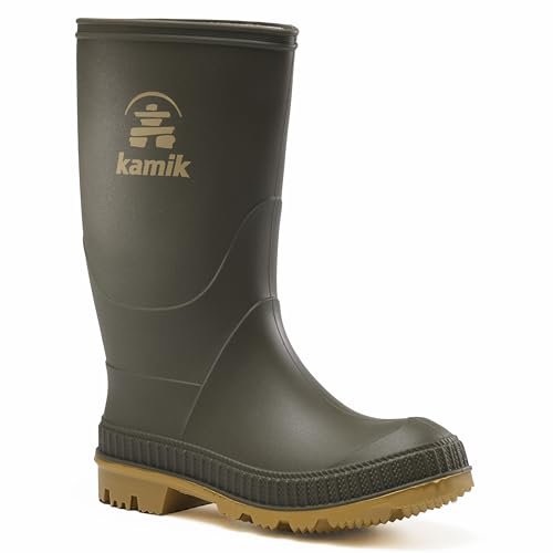 Kamik Stomp Rain Boot for Kids - Waterproof and Warm Felt Footbed Designed for Rainy Day Adventures, Olive - 2 Little Kid