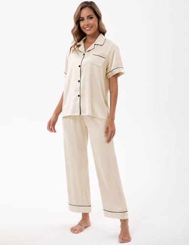 Image of UMBY Silk Satin Pajamas for Women Set 2 Piece button down Soft Silk Pjs Sets Cozy Silky Pajama Short Sleeve