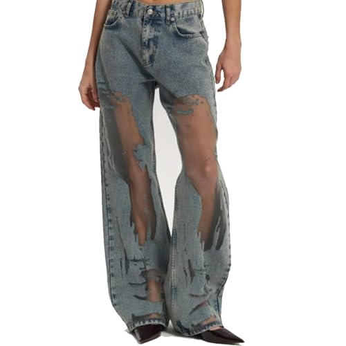 2025 Women's mesh Patchwork Printed Jeans Spicy Slim Casual Straight-Leg Pants Hip-hop