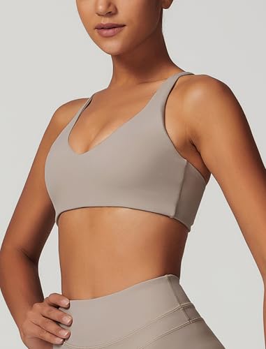 Image of ABOCIW Womens V Neck Twist Back Sports Bra Padded Low Impact Fitness Yoga Bra Workout Crop Top