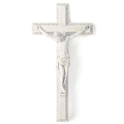 BC Catholic Crucifix Wall Cross, Jesus Christ Wall Decor for Elegant Modern Home, Devout Gift for Youngs, Religious Gifts Home Decor, Grey White Stone Finish 12