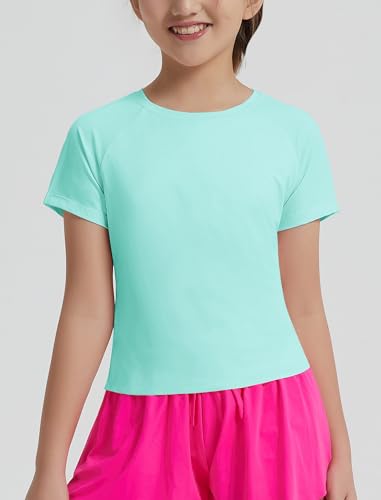 Image of EXARUS Girls Athletic Shirts Quick Dry Workout Split Back Crop Tops 6-14Y | Tween Athletic Sports Soccer Activewear Gym Running Dri Fit Teen Tennis Performance Hiking Short Sleeve Tees Kids 6-14Y