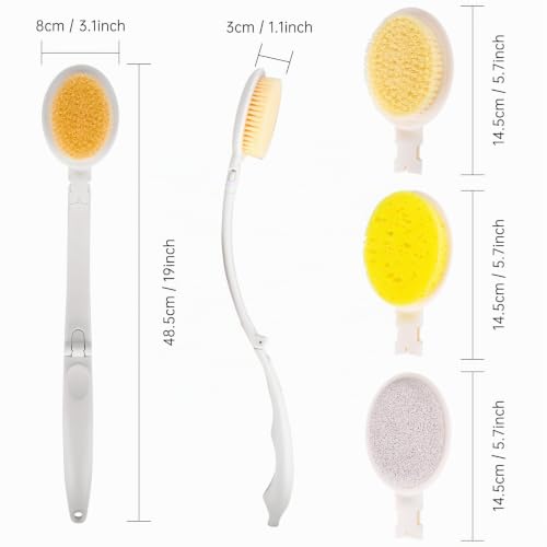 Brosse à dos à long manche, brosse de douche 3 en 1 avec manche long, brosse de bain dorsale amovible pour douche pour hommes et femmes, personnes âgées avec mouvement limité des bras – vue 2
