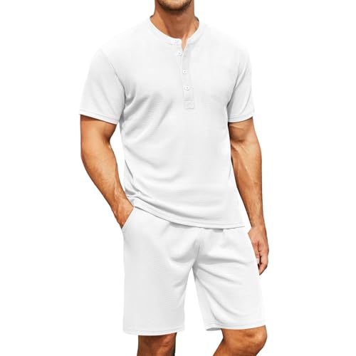 hawalili Men's Waffle 2 Piece Outfits Summer Tracksuits Set Casual Short Sleeve Stretch Henley Shirt and Short White L