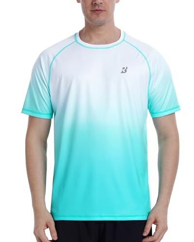 Roadbox Men's Short Sleeve Swim Rash Guard Shirts, Quick Dry UPF 50+ UV Sun Protection SPF T Shirt, Moisture Wicking Water Tee Tops for Beach Fishing Surfing (Green White,L)