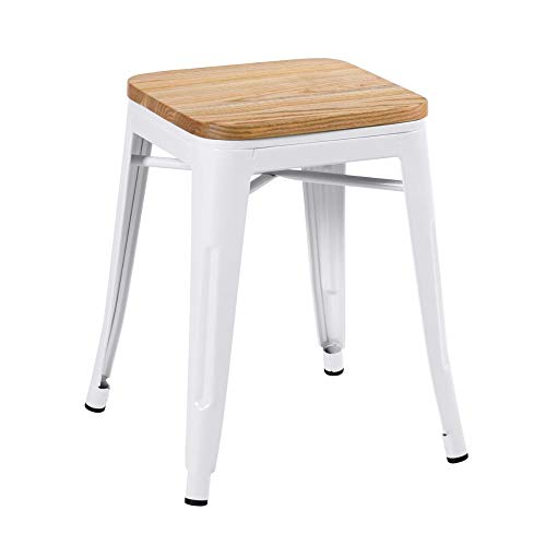 Banqueta baixa Iron Tolix com assento de madeira rústica clara - Branco