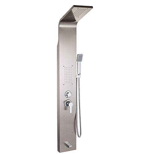 Happybuy 5 in1 Panel Tower System Stainless Steel Multi-Function Rainfall Waterfall Massage Jets Tub Spout Hand Shower for Home Hotel Resort, Unitary, Brushed Silver