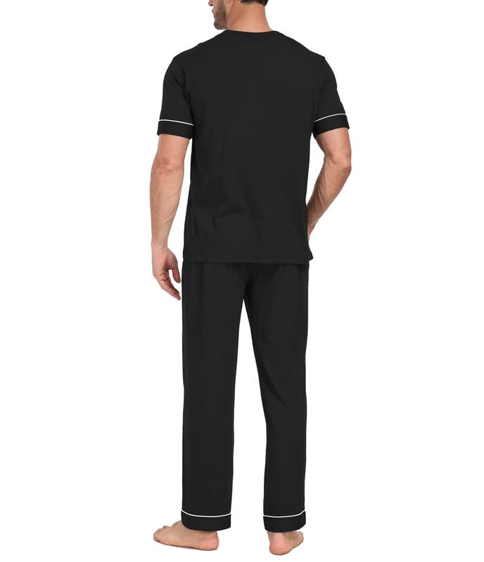 CF Mens Pajamas Set Cotton Sleepwear Soft Short Sleeve Pjs Comfy 2 Piece Nightwear V-Neck Long Pants Loungewear with Pockets3