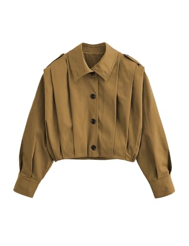 Womens Cropped Pleated Jacket Lapel Long Sleeve Button Down Short Trench Coat Casual Trendy Outwear
