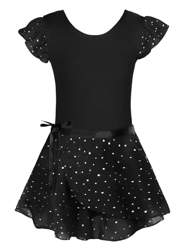Image of EQSJIU Ballet Leotards for Girls with Removable Skirt Combo Tie Ruffle Sleeve Ballet Dance Dress Outfit 2-12 Years