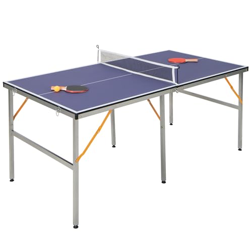 GOPLUS Juego de Mesa de Ping Pong Completo, Mesa de Ping Pong Plegable con Red, 2 Raquetas, 3 Pelotas, Asa Portátil, Mesa de Ping Pong para Interiores y Exteriores para Niños, Adultos, Azul