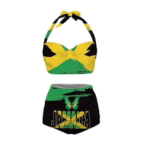 Biyejit Jamaica Flag with Butterfly Women Two Piece Swimsuits High Waisted Bikini Ruffle Tummy Control Bottoms Halter Bathing Suits Summer Beach Swimwear