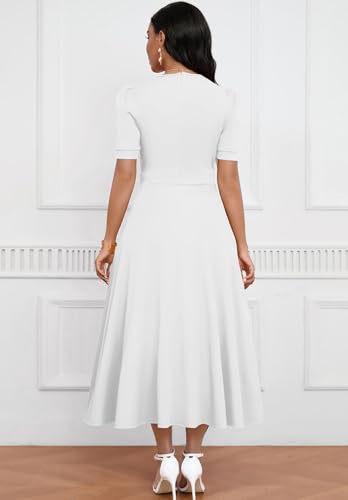 Image of MarryUP Women's Midi Dresses - V Neck Cocktail & Church Tea Dresses - Short Sleeve A-Line Swing Dress