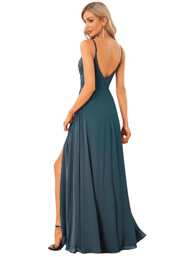 Image of Ever-Pretty Women's Summer Backless Spaghetti Straps Bridesmaid Dresses Chiffon V-Neck Slit Long Formal Wedding Guest Dress