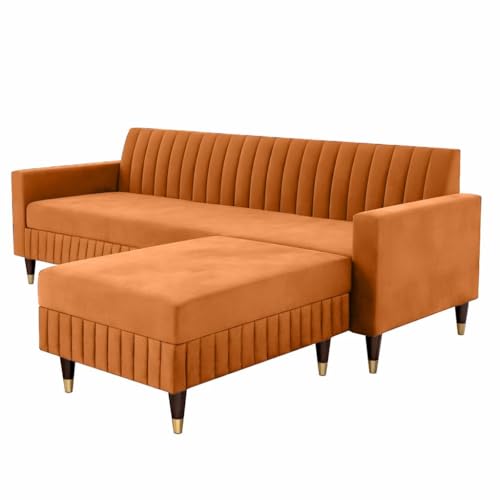 Image of AMATA Omega Solid Wood 4 Seater L Shape Orange Suede Velvet Sofa Set with Four Cushions Perfect for Home Office Guests Living Room (03 Orange, Omega L Shape 4 SSEATER)(3 Year warranrt)
