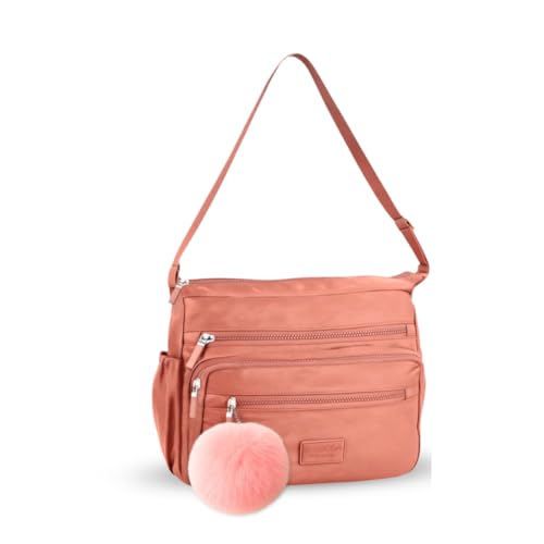Bolsa Feminina Transversal Média Nylon Impermeável Tiracolo Com Chaveiro (Rosa)
