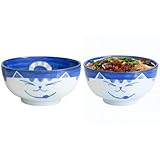 JapanBargain 2471, Set of 2 Japanese Porcelain Bowls Serving Miso Soup Pho Ramen Udon Donburi and Salad, Maneki Neko Smiling Cat Pattern, 18 fl.oz. 5-inch, Blue Color, Made in Japan