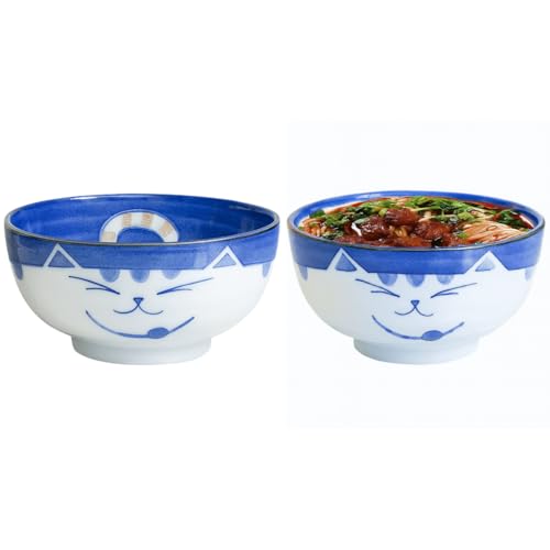 JapanBargain 2471, Set of 2 Japanese Porcelain Bowls Serving Miso Soup Pho Ramen Udon Donburi and Salad, Maneki Neko Smiling Cat Pattern, 18 fl.oz. 5-inch, Blue Color, Made in Japan