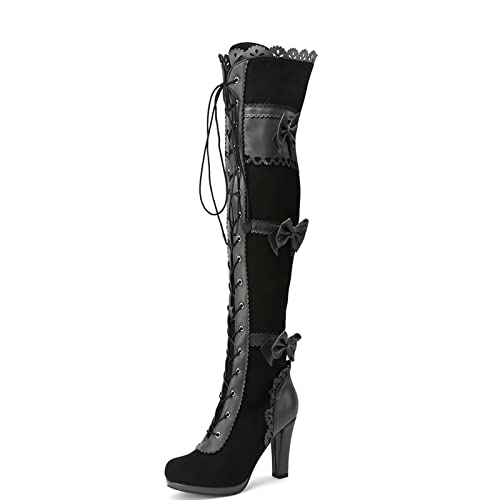 Bottes au-dessus du genou femme avec talon épais 9cm et lacets mode