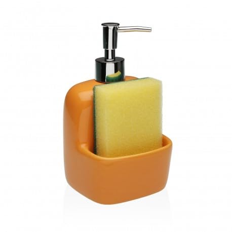 Dispensador de jabón líquido de cerámica brillante con compartimento para esponja y bomba cromada – Dosificador moderno para baño y cocina, ideal también para detergente platos (naranja)