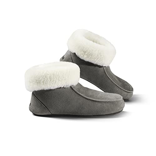 Fellhof handgemachter Hüttenpatschen aus Lammfell Hausschuh Damen Herren Unisex gefüttert Winter-Sommer Hausschuhe Naturprodukt atmungsaktiv (grau Gr. 36)