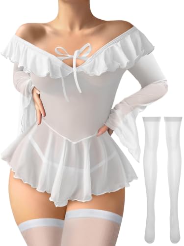 Image of Foxiny Sheer Ruffle Long Sleeve Babydoll Lingerie Dress | Off-shoulder neckline, flared cuffs and a flounce hem add movement; thong and thigh-high stockings complete the 3-piece set