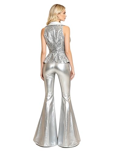 Pantalons jazz disco haut de gamme et top en V argenté 3XL