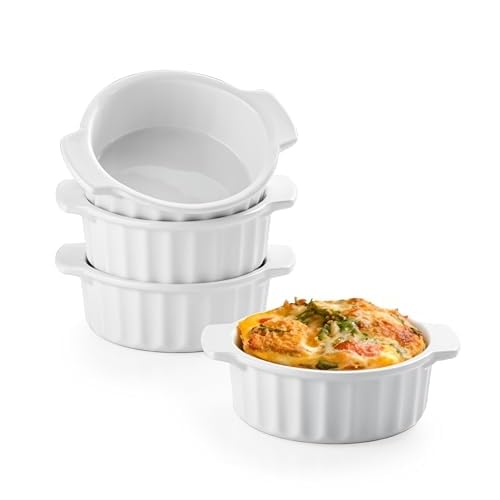 12 oz Ramekins Oven Safe, French Onion Soup Bowls with Handles, Ceramic Small Baking Dishes for Crème Brûlée, Soufflé, Pot Pie & Mini Casserole, Set of 4