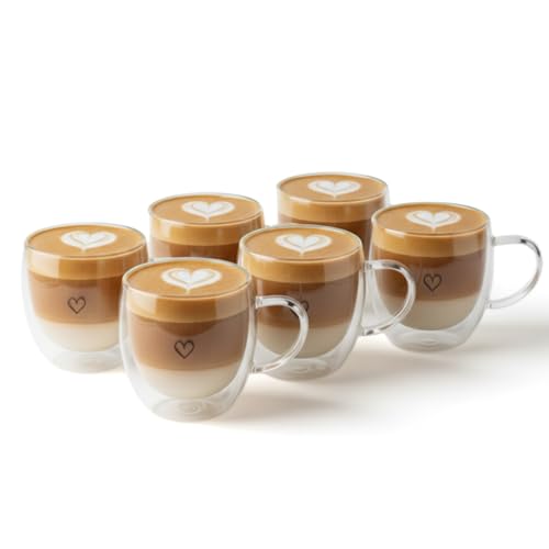 Lot de 4 tasses à cappuccino 250 ml – Verres à double paroi avec anse – Design cœur (250 ml, 4 pièces)