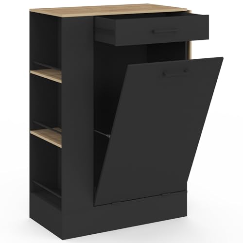 Buffet de cuisine compact 90 cm TIBO avec espace poubelle tablette rabattable 1 tiroir et 3 étagères latérales bois et - vue 6