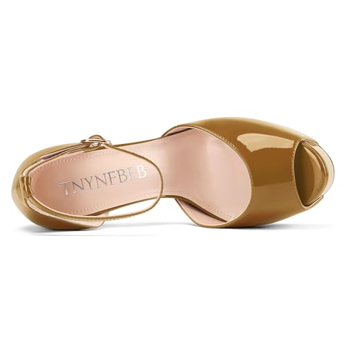 Image of TNYNFBEB Womens Stiletto High Platform Heel Peep Open Toe Sandals Ankle Strap Buckle Prom Party Dress Patent Leather 6.1 Inches Heels